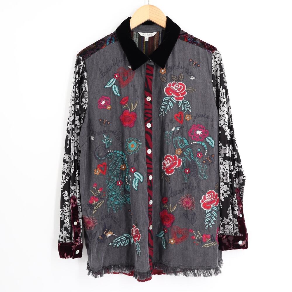 John Mark XL Embroidered Floral Peace Love Butterfly Top Boho Velvet Mixed Media